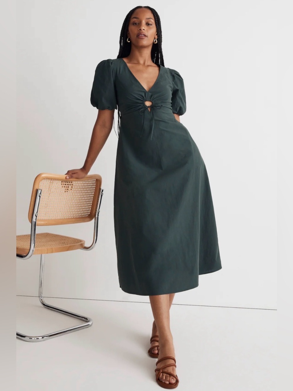 MADEWELL $191 POPLIN CUTOUT PUFF SLEEVE MIDI